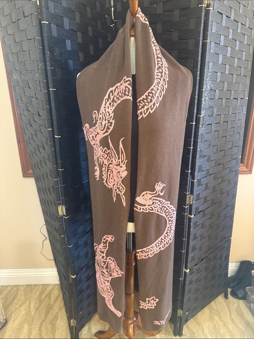 Raw7 100% Chocolate Brown with Blush Embroidery Long Scarf❤️